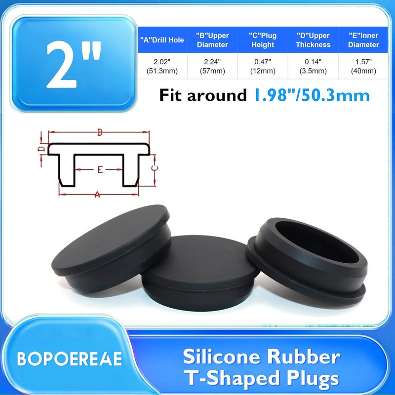 BOPOREAE 3 Pcs 51.3 mm/2 in Silicone Rubber Plug for 50.3-51.3mm Round Holes, Waterproof T Type Rubber Stoppers, Soft Flexible Snap-On Bottle Seal Plugs Tube Pipe End Covers Caps Inserts, Black - Image 2